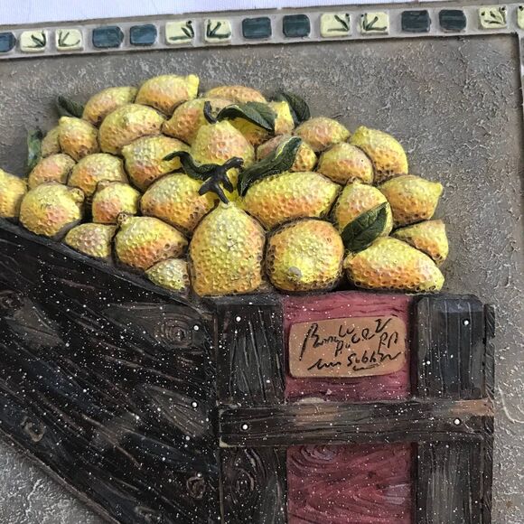 Vintage Tile Pears in Basket Wall Art 5x5 Square 3D Home Decor Artist Signed EUC - Picture 2 of 6